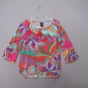 Clara Sun Woo Top Tunic XS Floral Mosaic‎ Petal Art To Wear Tie Bell Sleeve